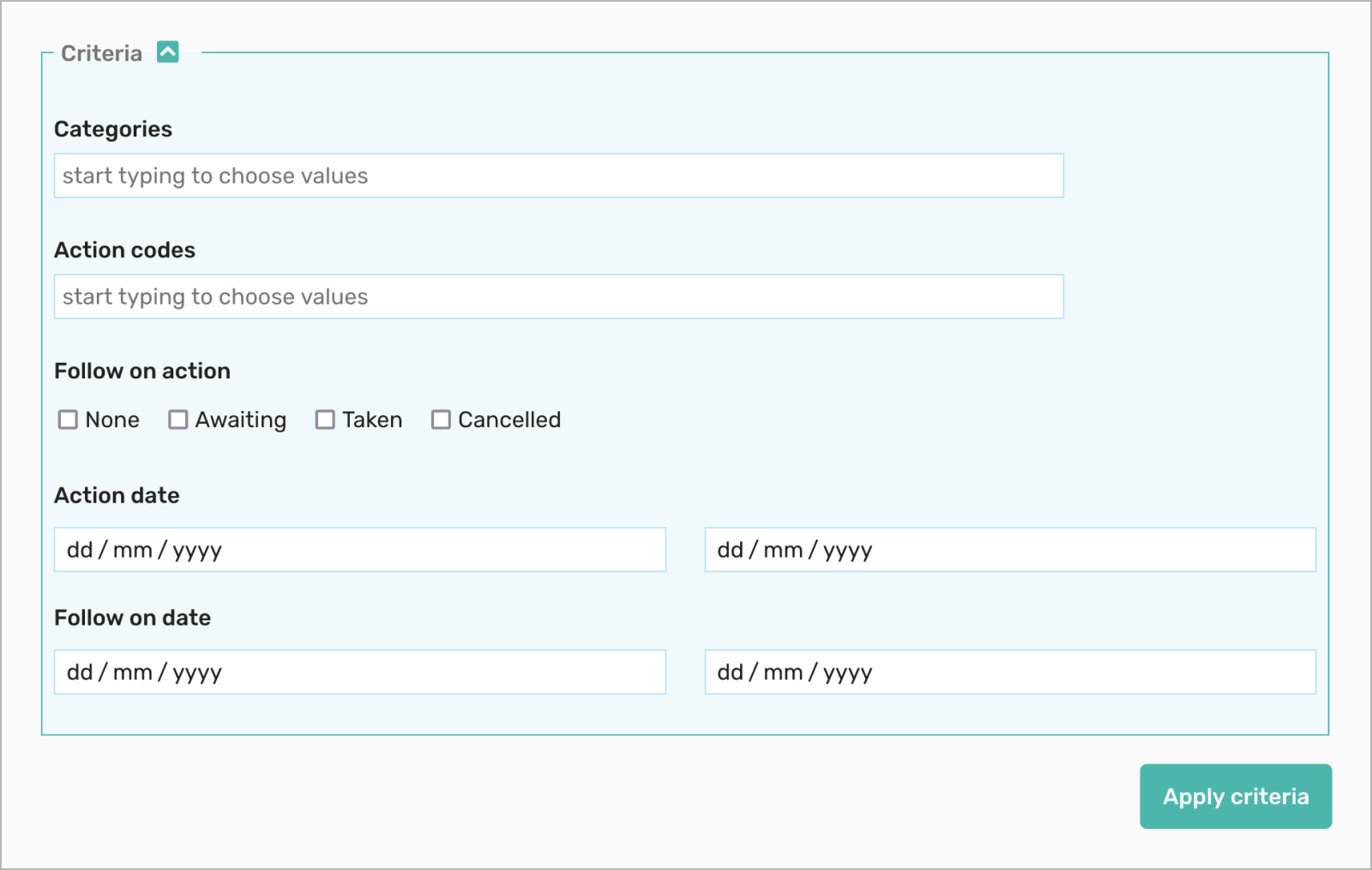 Select criteria for viewing diary entries