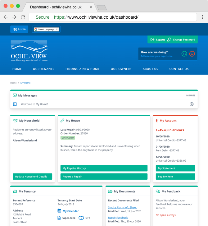 Ochil View Housing Association's
                My Home branded tenant portal